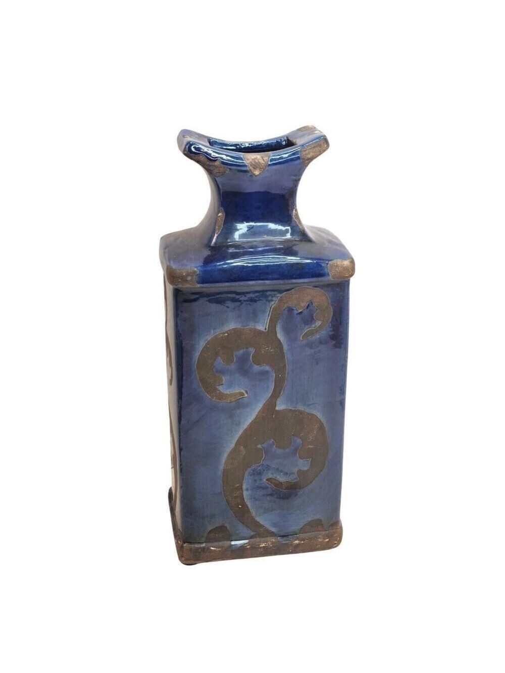 Blue Black Ceramic Vase Rectangular Decorative Scroll Design